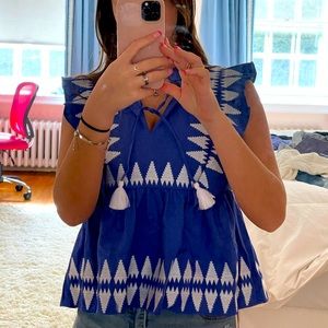 MARIE OLIVER designer sleeveless blue ruffle top